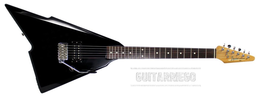 The Squier version of the Katana with a bolt-on handle, a single pickup and dots instead of triangles.