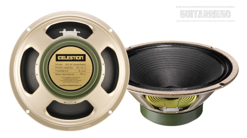 Celestion Greenback G12M Reedición con 25 vatios de potencia nominal.
